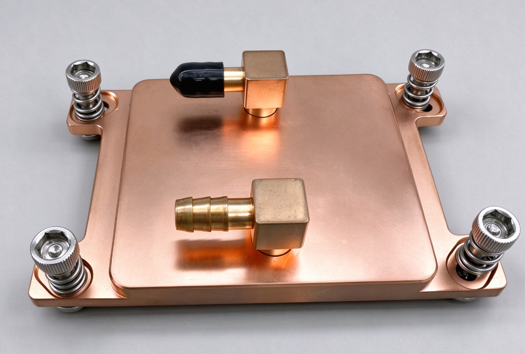 Copper liquid cold plate water block with spring-loaded mounting screws and brass fittings