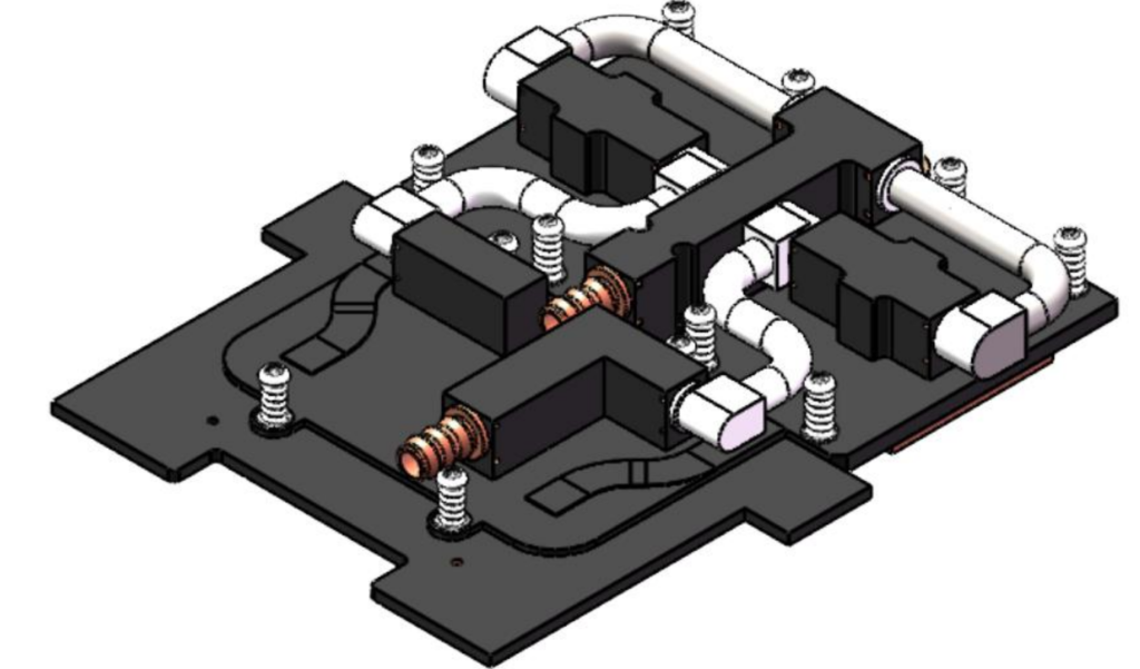 GB200 Cold Plate 3D Flow Model 3D CAD model showing internal flow channels and piping of a GB200 compatible cold plate