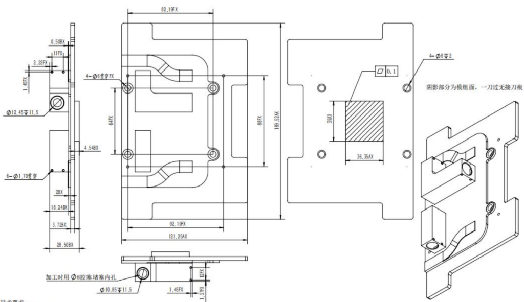 GB200 Cold Plate Engineering Drawing Engineering drawing of a GB200 compatible cold plate with dimensions and microchannel machining specifications
