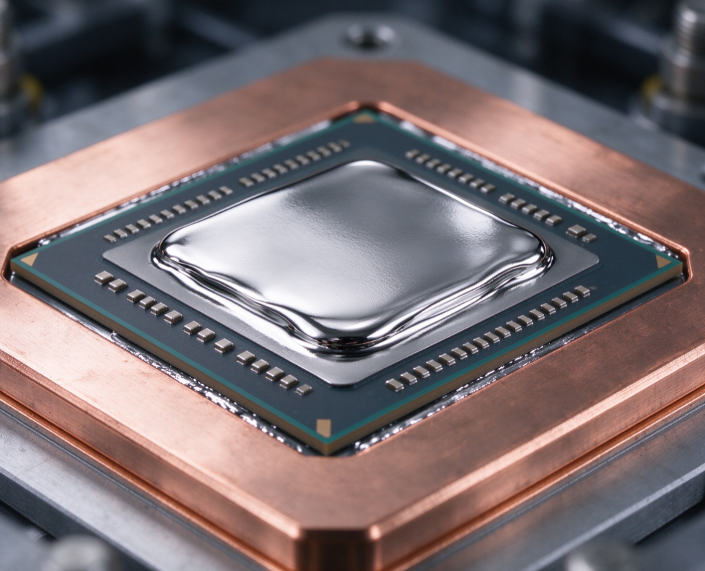 Liquid Metal TIM Applied to CPU Die Liquid metal thermal interface material applied to a silicon die with a copper heat spreader