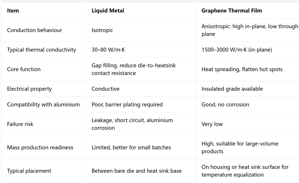 Liquid Metal vs Graphene Thermal Film Comparison Comparison table of liquid metal versus graphene thermal film across conductivity, function and production readiness